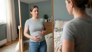 A woman stands in front of a mirror while reflecting on body changes and weight concerns.