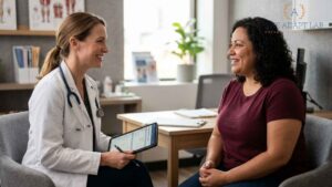 A doctor discusses GLP-1 weight loss treatment with a patient.