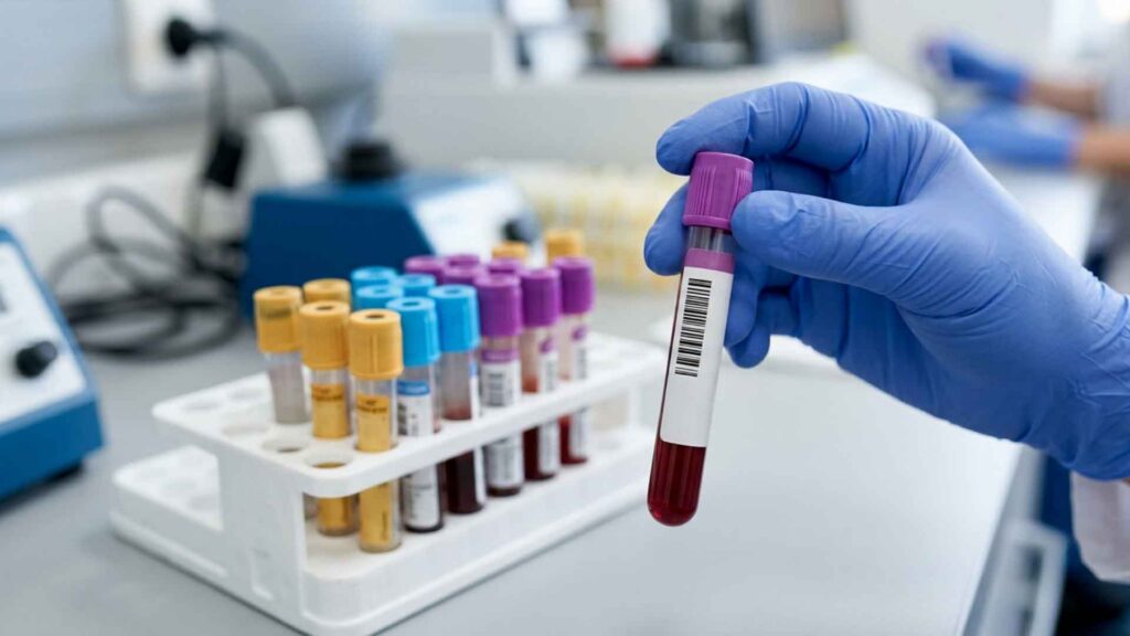 Close-up of a blood sample prepared for metabolic testing.