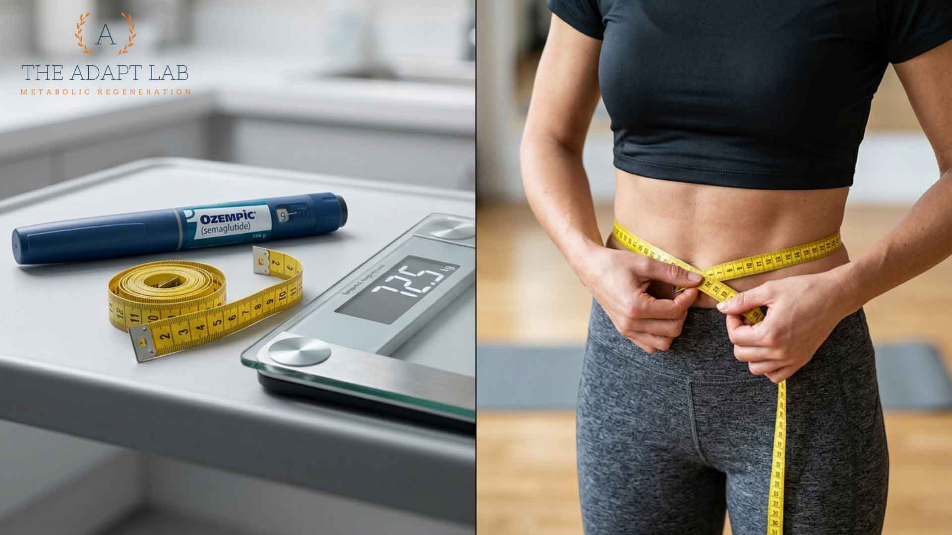 Medical weight management visual featuring GLP-1 injection pen, body composition tracking tools, and waist measurement of a patient.