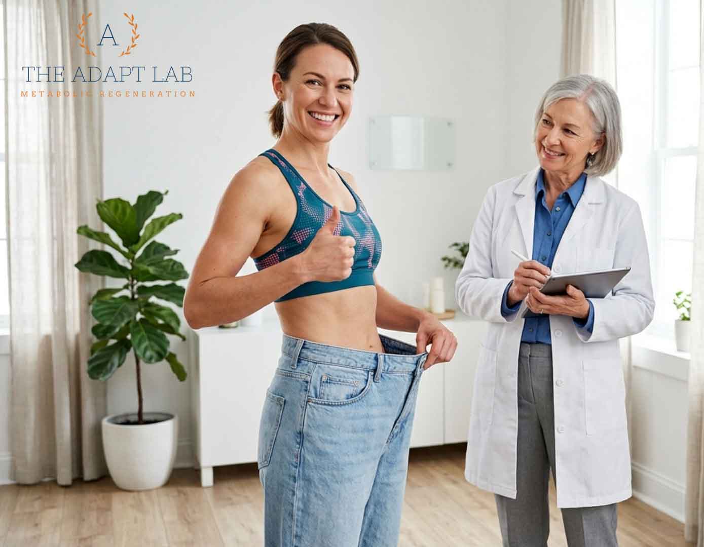Doctor observing a patient demonstrating weight loss by holding out loose-fitting jeans during a follow-up appointment.