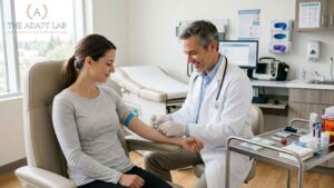 Clinical blood sample collection as part of a routine health screening.