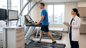 Patient walking on a treadmill during metabolic testing.