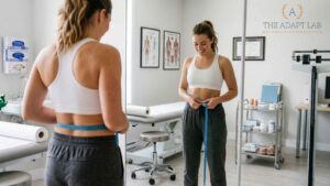 Patient checking waist measurements during a metabolic health and weight loss assessment.