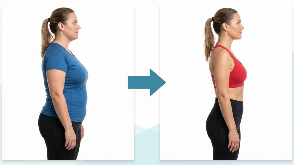 Before-and-after side profile showing body composition changes after three months of a medically supervised weight management program.