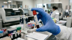 HOMA-IR blood test sample held in a medical laboratory to evaluate insulin resistance and glucose regulation.
