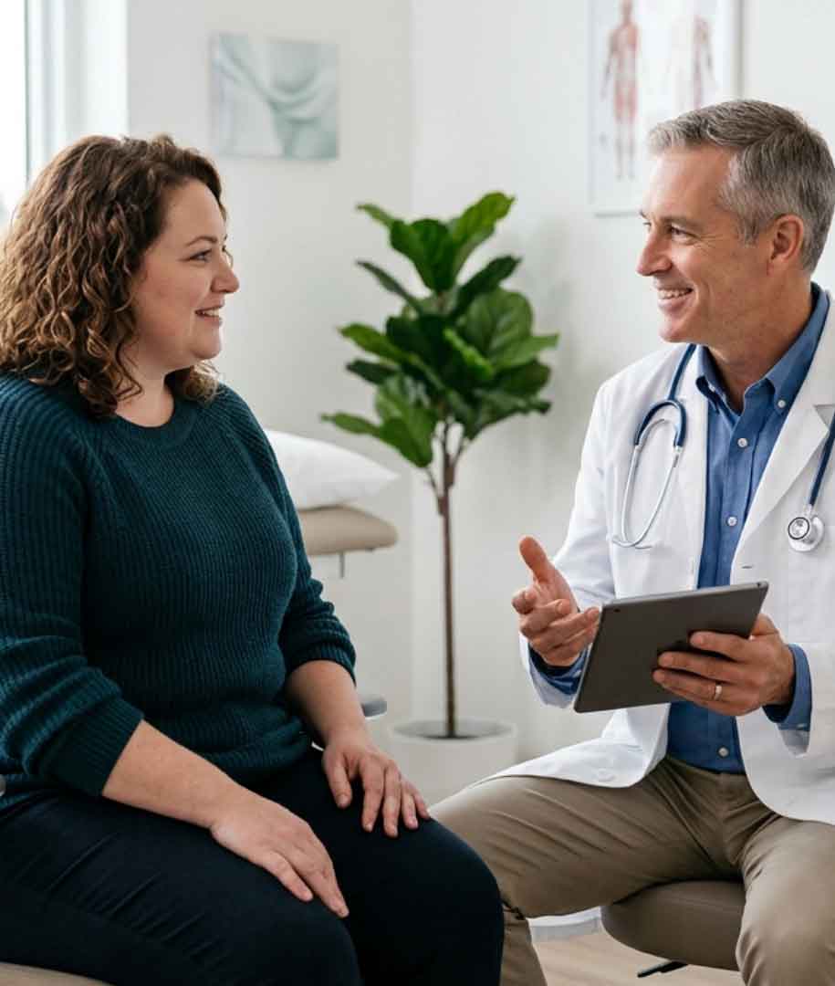 A naturopathic doctor explaining metabolic health and weight management treatment options to a patient.