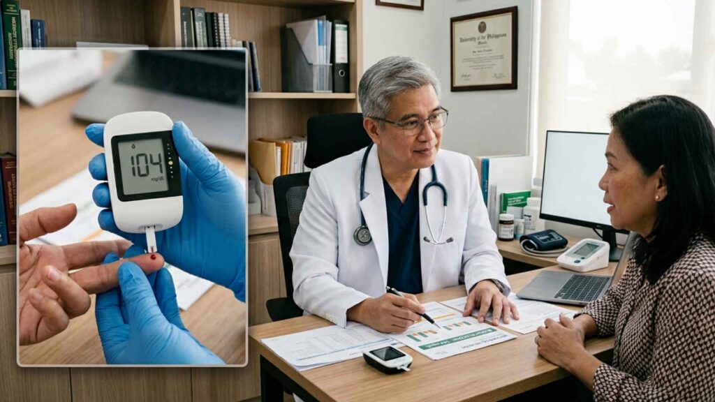 Doctor discussing metabolic health with a patient while reviewing blood sugar testing results and insulin resistance markers.