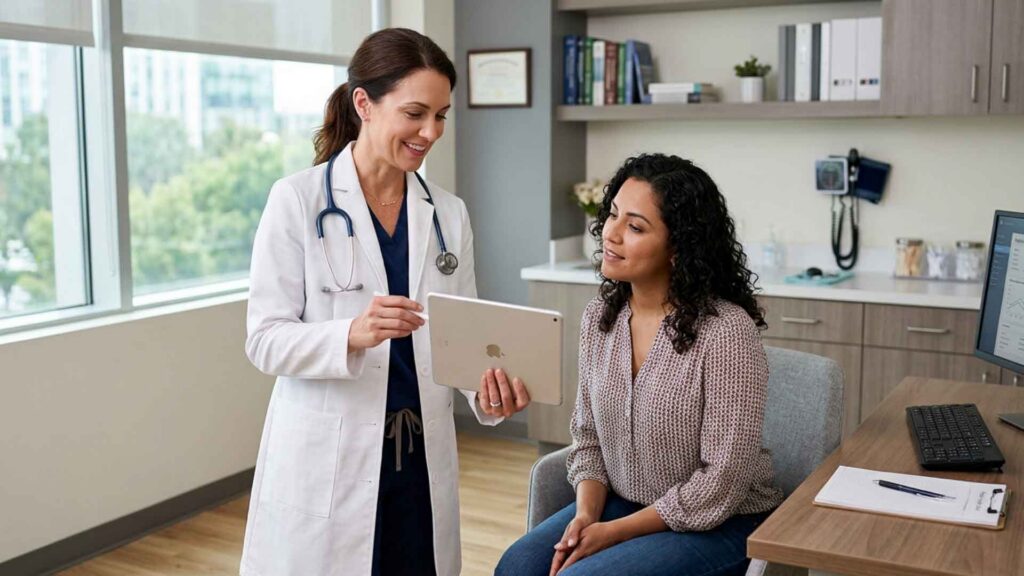Doctor and patient discussing health history and treatment options.