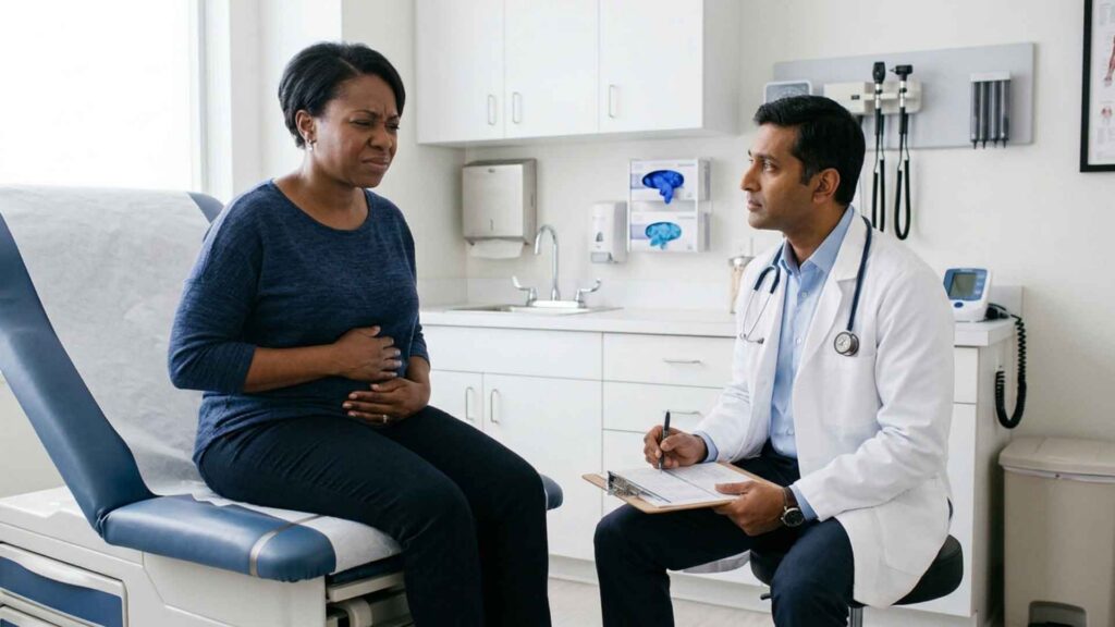 Patient discusses abdomen discomfort with a doctor.
