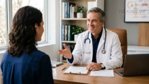 Doctor speaking with a patient about health goals and metabolic assessment results.