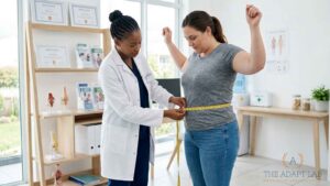 A naturopathic doctor measuring a patient’s waist during a GLP-1 weight management consultation.
