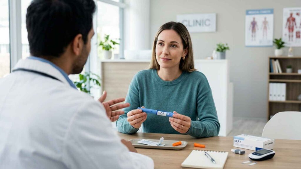 Doctor discussing GLP-1 medication and dosing with a patient in a medical office.