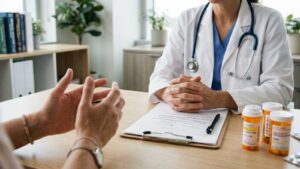 Doctor discussing medication considerations with a patient.