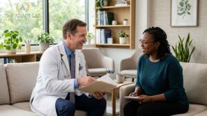 Doctor discussing metabolic health testing results with a patient during a consultation.