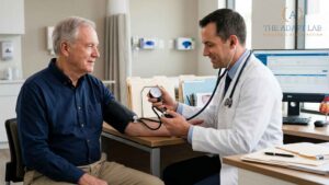 Doctor checking an older male patient's blood pressure during a metabolic health evaluation.