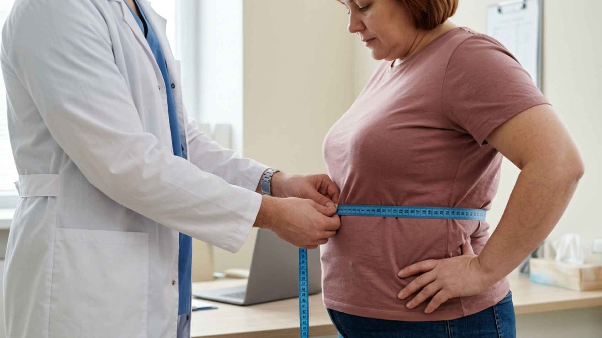Doctor measuring an adult woman's waist with a tape measure during an evaluation.