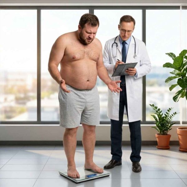 Overweight patient standing on a digital scale while a doctor reviews health data.