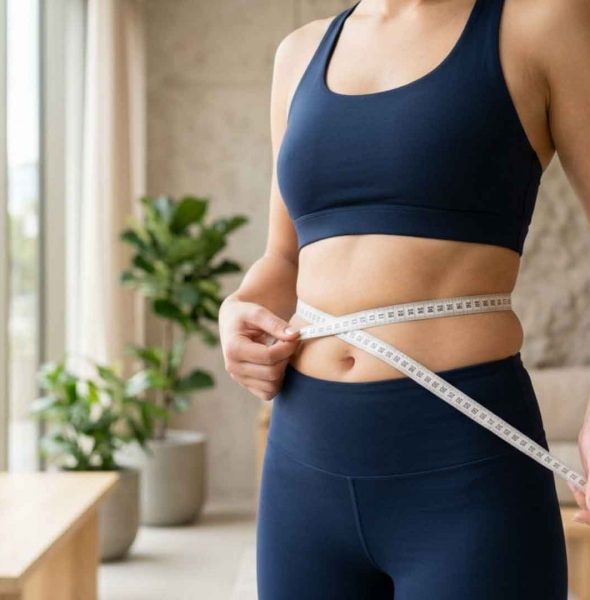 Woman measuring her waist with a tape measure during a semaglutide weight management and metabolic health program.
