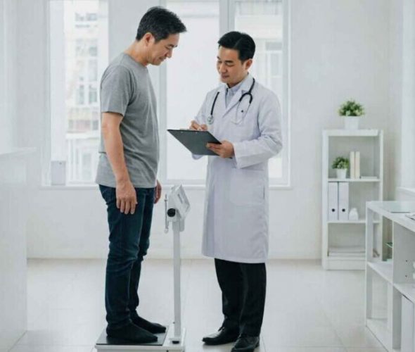 A male patient stands on a digital scale while a doctor records his weight, symbolizing the start of a personalized weight management journey with Tirzepatide.