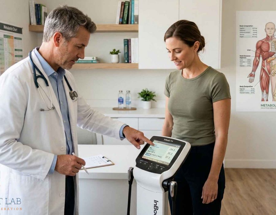 Doctor reviews body composition results with a patient during a metabolic health consultation.