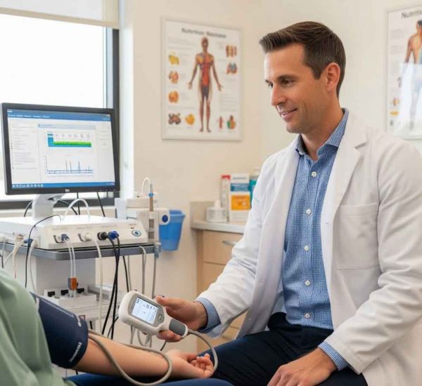Doctor at The Adapt Lab checking a patient’s blood pressure and reviewing metabolic health data as part of an Ozempic weight loss program.