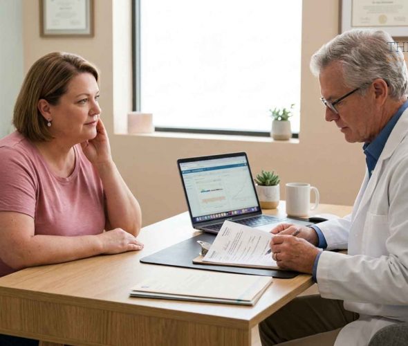 Doctor reviewing a Zepbound weight management plan with a patient during a consultation.